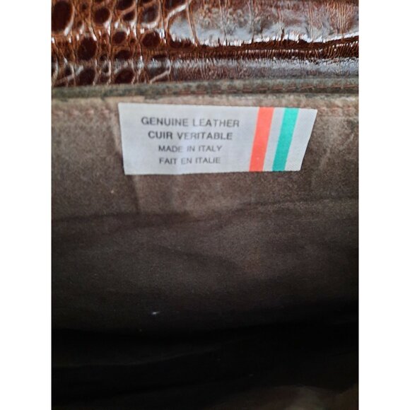 vintage Italian Leather Handbag Bag Brown Faux Croc Embossed Suede Top Handle - Picture 11 of 12